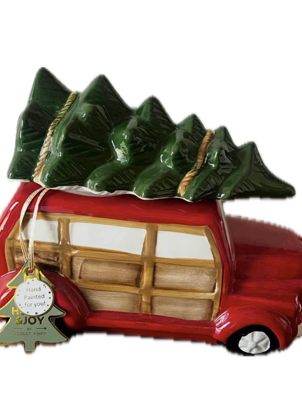 Christian in July Red Ceramic Vintage Truck Cookie Jar with Green Christmas Tree